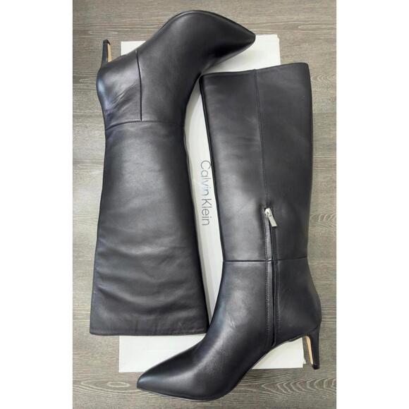 Calvin Klein Garray Black Leather Pointy Toe Knee High Dress Boots Women - Picture 1 of 4